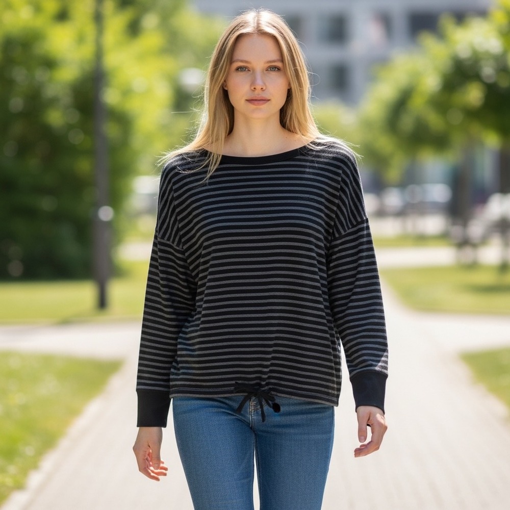 Lauren Active Ralph Lauren Top Womens Large Black Striped Excellent Drawstring